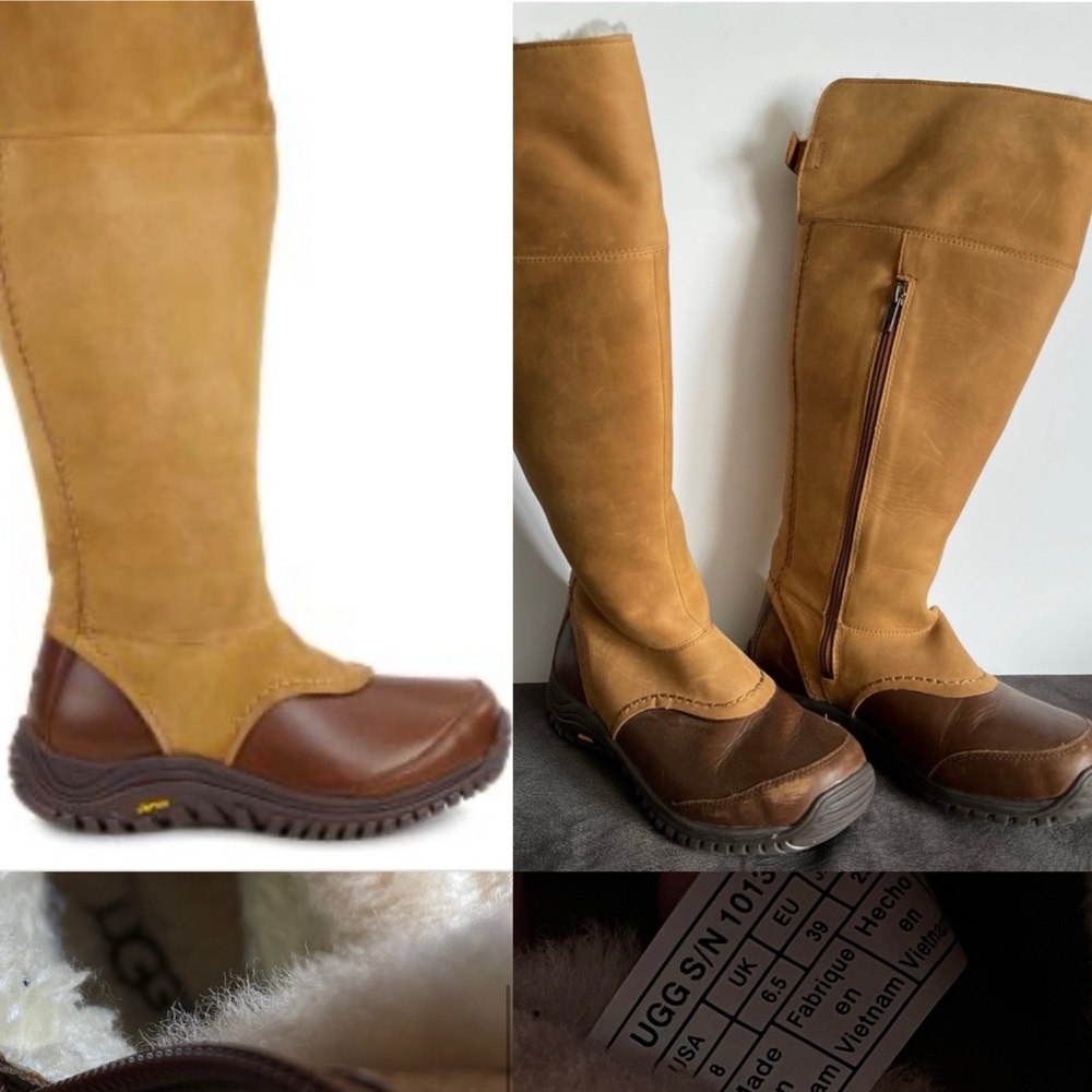 UGG Miko Waterproof Lined Tall Boots Chestnut Leather Sheepskin US Sz 8 Neutral